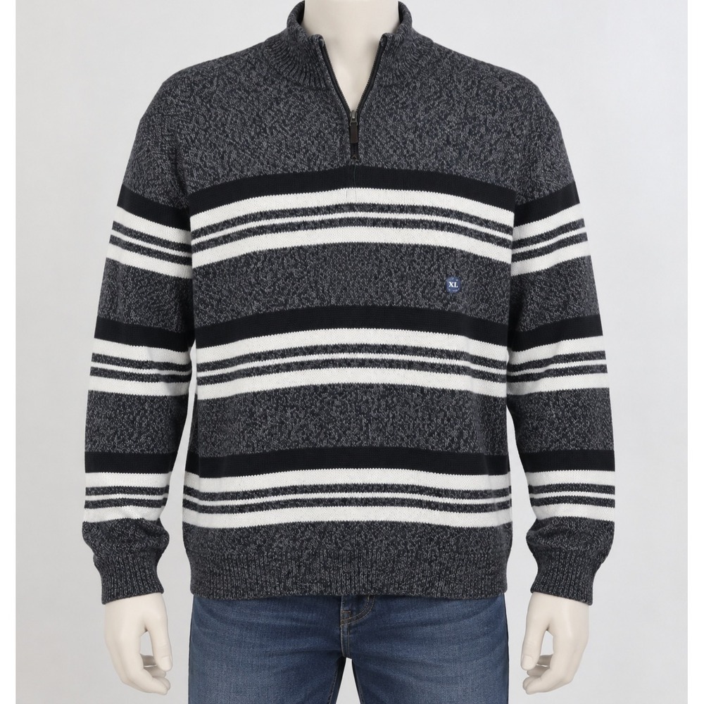 Chaps Mens XL Quarter Zip Striped Sweater Charcoal Gray Black White C299